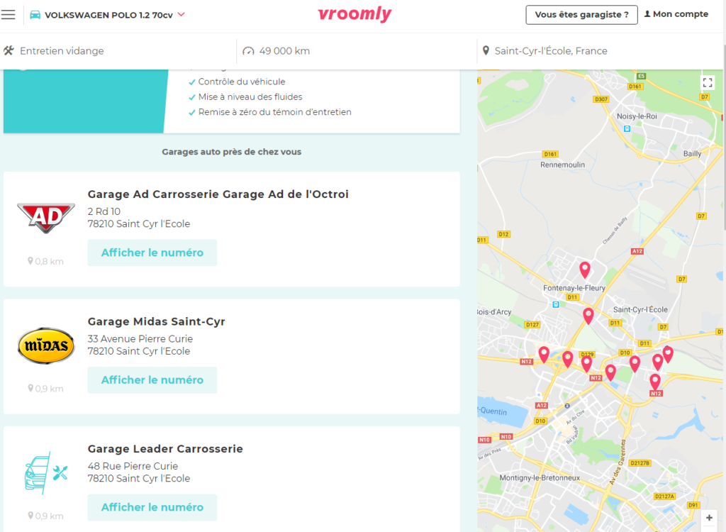 Recherche de garage pour faire ma Vidange avec Vroomly 