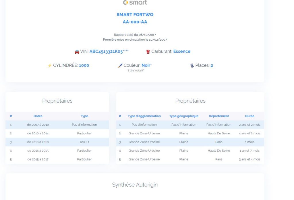 Le rapport d’historique Autorigin vente voiture occasion
