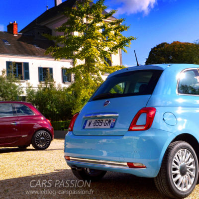 Nouvelle Fiat 500 essai auto citadine bleu et bordeaux